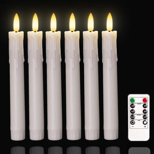 6 Pack Flameless Taper Candles, Ivory Taper Candles 2Aaabattery Operated, LED Taper Candles with a Key Remote and Warm 3D Wick Light, 6.88 × 0.78 Inch for Christmas Window Mantle Decor