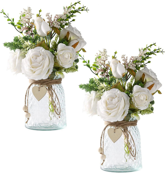 2 Packs Faux Flowers in Vase,Fake Flowers with Vase, Artificial Silk Roses in Vase, Artificial Flowers in Vase, Faux Flower Arrangement with Vase for Farmhouse (White with Vase)